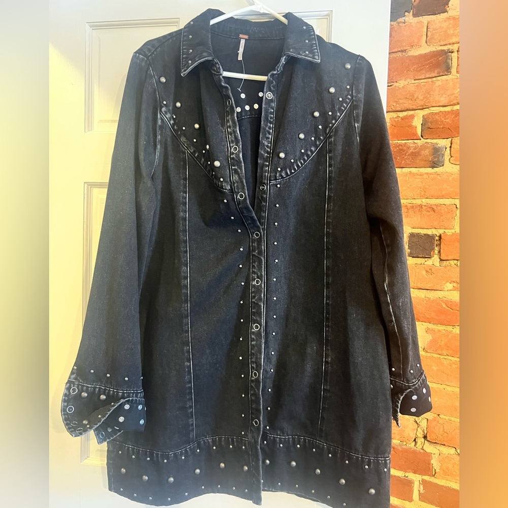 Free People Black studded denim button front dress/jacket